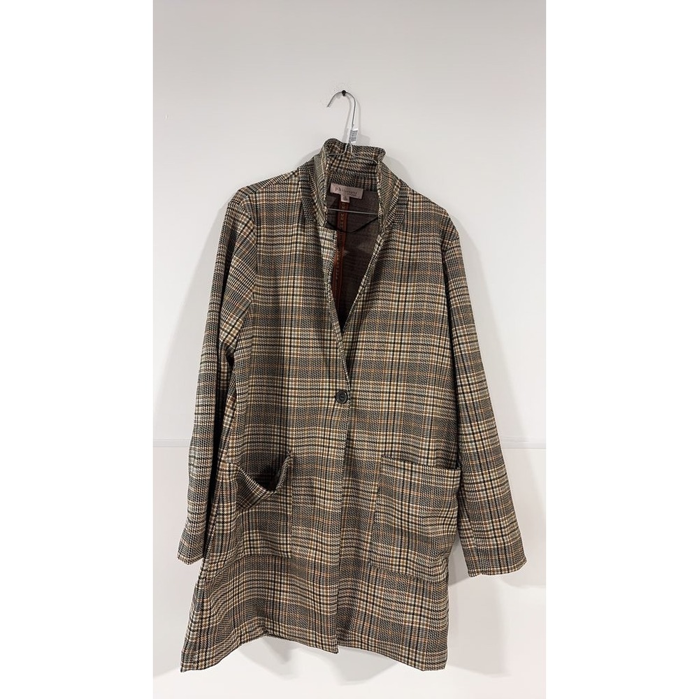 Philosophy Plaid Single-Breasted Coat Brown Tan Large L Pocketed Longline Jacket